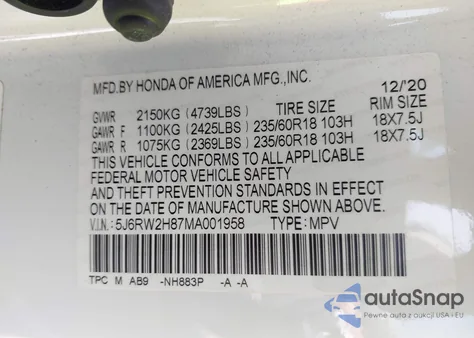 2021 Honda Cr-V Awd Ex-L from USA, damaged, VIN 5J6RW2H87MA001958